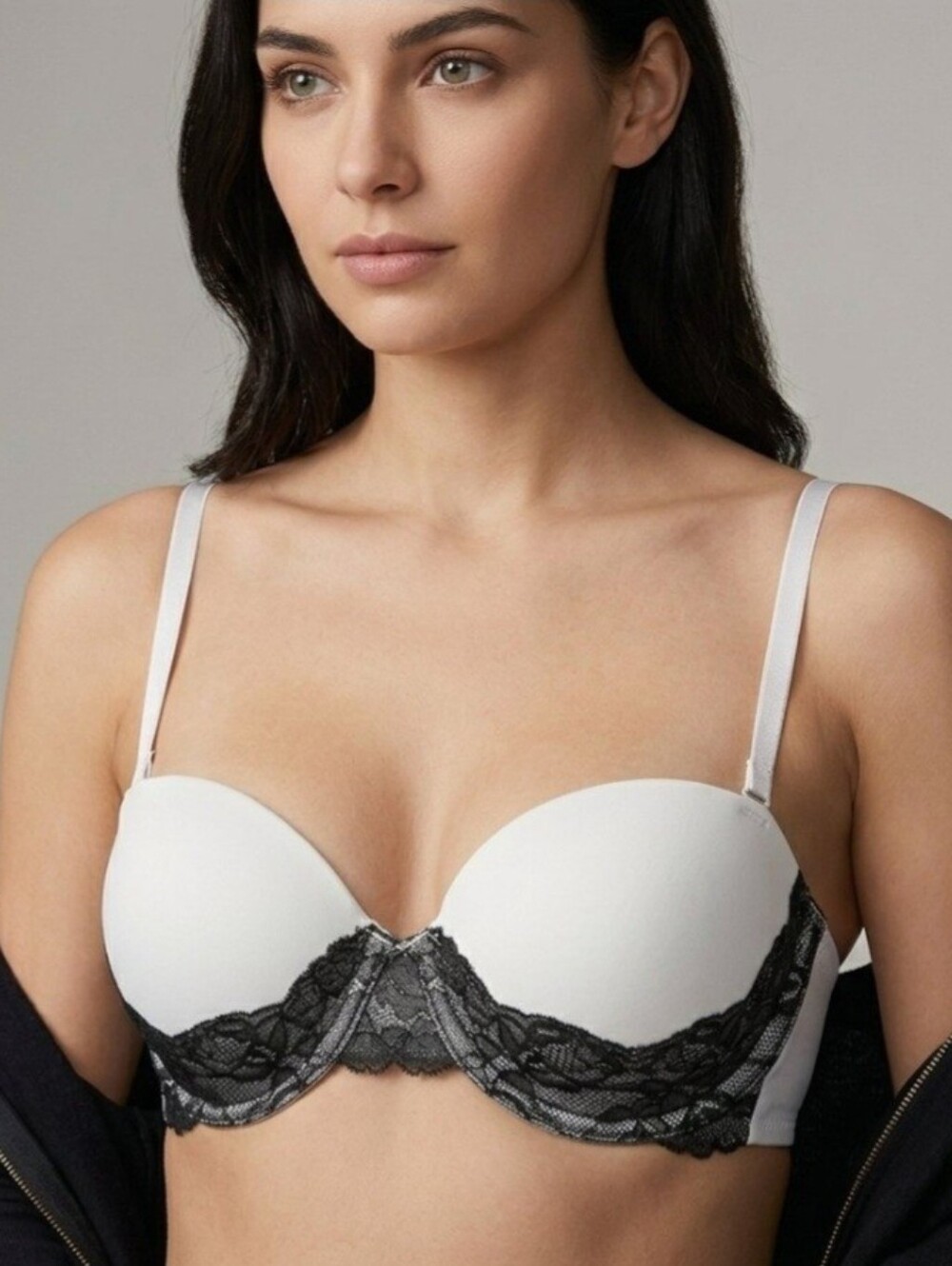 Maidenform Custom Lift White Demi Bra w/ Black Lace Accent 34C